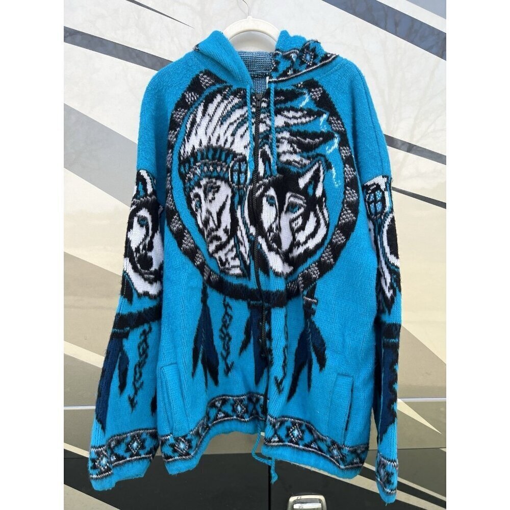 Vintage 90s Wuayras Ecuador turquoise sherpa hoodie wolf jacket aztec XL tribal